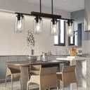 Black Farmhouse Dining Room Light Fixture, 4-Light Wood Linear Chandelier with Clear Glass Shades,Rustic Pendant Lights Kitchen Island Over Table