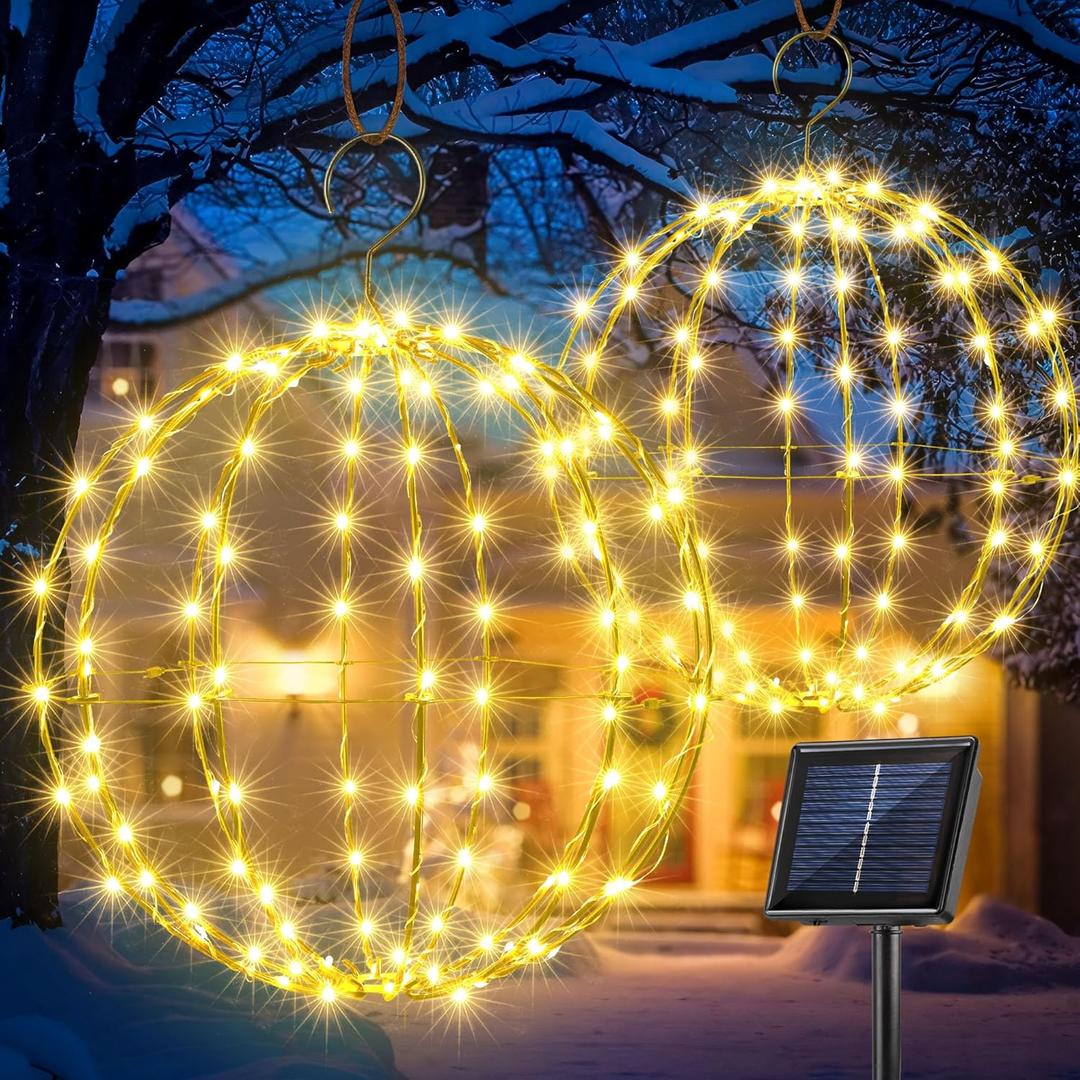 Flacchi Set of 2 Solar Hanging Ball Lights - 2 Sizes of Christmas Outdoor Garden Lanterns Waterproof Globe Fairy Lights with 8 Lighting Modes Timer Memory Function (Warm White)