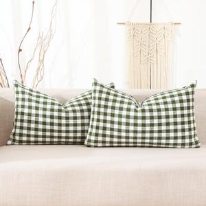 CARRIE HOME Sage Green Farmhouse Plaid Lumbar Pillow Covers 12x20 Set of 2, 12 x 20 Spring Outdoor Lumbar Pillows, Green and White Buffalo Plaid Decorative Couch Pillows (No Pillow Inserts)
