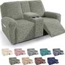 YEMYHOM Loveseat Recliner Cover with Middle Console, 2-Seater Reclining Sofa Slipcover, Geometric Jacquard Couch Cover Furniture Protector with Elastic Bottom for Pets & Kids, Army Green