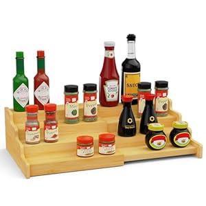 Spice Rack Organizer for Cabinet, 4 Tier Expandable Spice Rack, Bamboo Spice Organizer for Kitchen Cabinet, Pantry and Countertop Organization- Natural