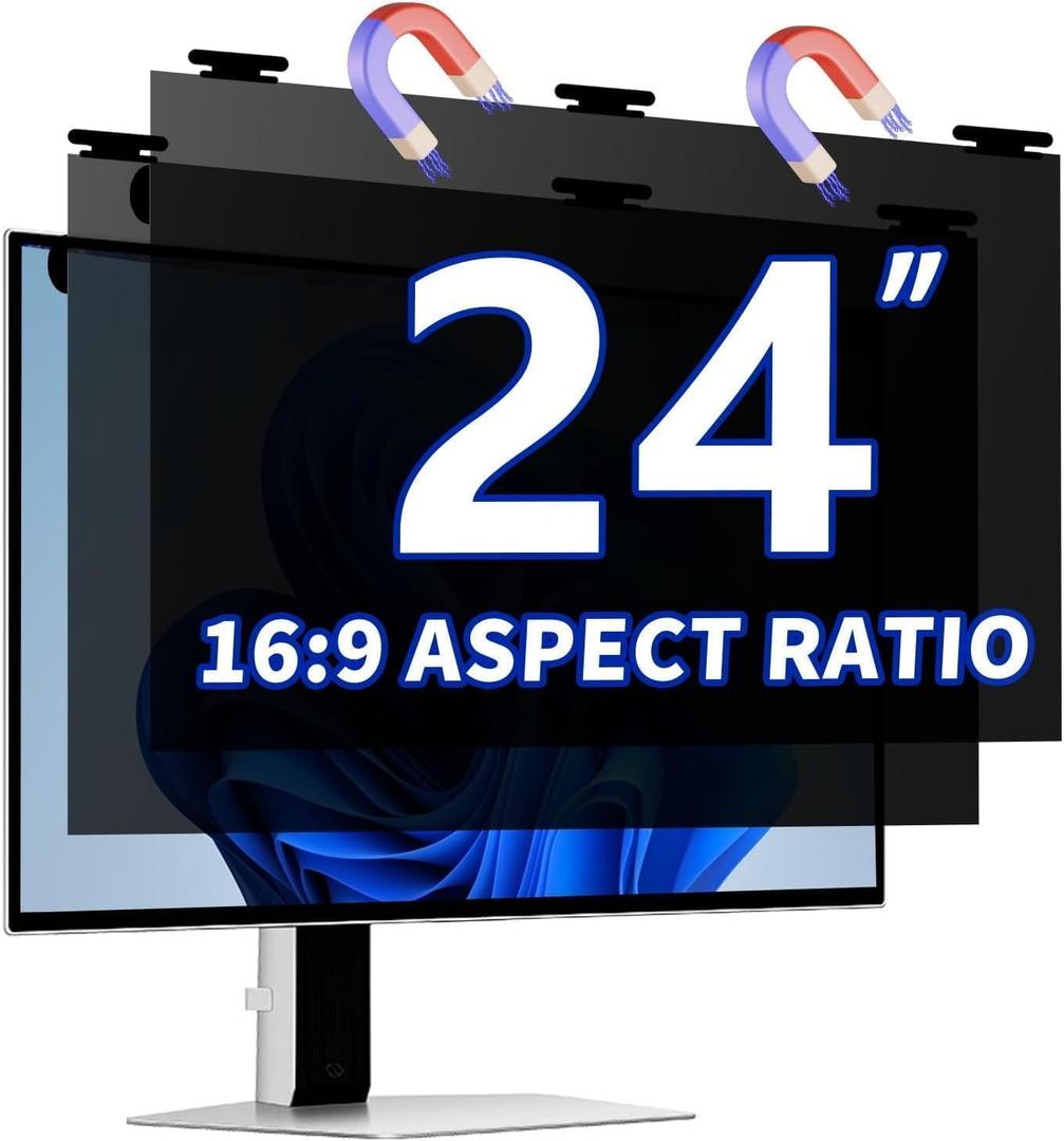 [2 Pack] 24 Inch Magnetic Hanging Computer Privacy Screen for 16:9 Widescreen Monitor, Eye Protection Anti Glare Blue Light Filter, Removable Reusable 24in Anti Spy Security Protector Film