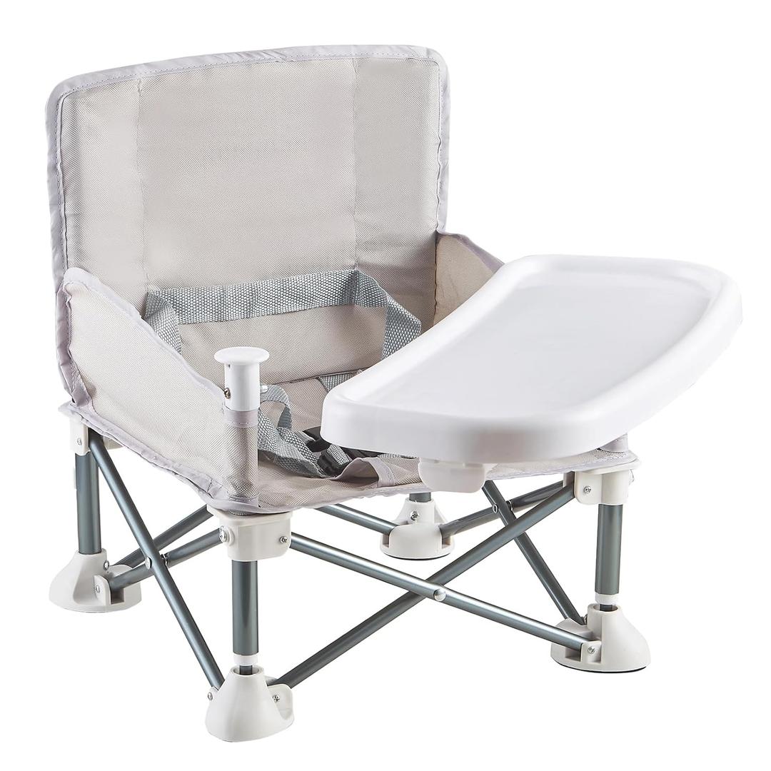Portable Baby Chair with Removable Tray  Folding Booster Seat for Toddlers 6 Months to 3 Years, Lightweight Travel Highchair for Camping, Beach, Outdoor & Dining Table Use Beige (Grey)