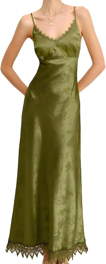 RIHOAS Women Semi Formal Wedding Guest Dress lace V Neck Maxi Dress Cocktail Engagement Back Corset Strap Party Long Dresses (Green, XS)