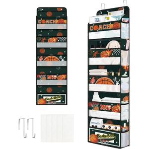 Clastyle Ball Over The Door Organizer Star Nursery Hanging Storage Organizer for Boys Clothes Diaper Toy Closet Door Hanging Shelf Storage for Bedroom Bathroom Pantry, Basketball, 5-Tier