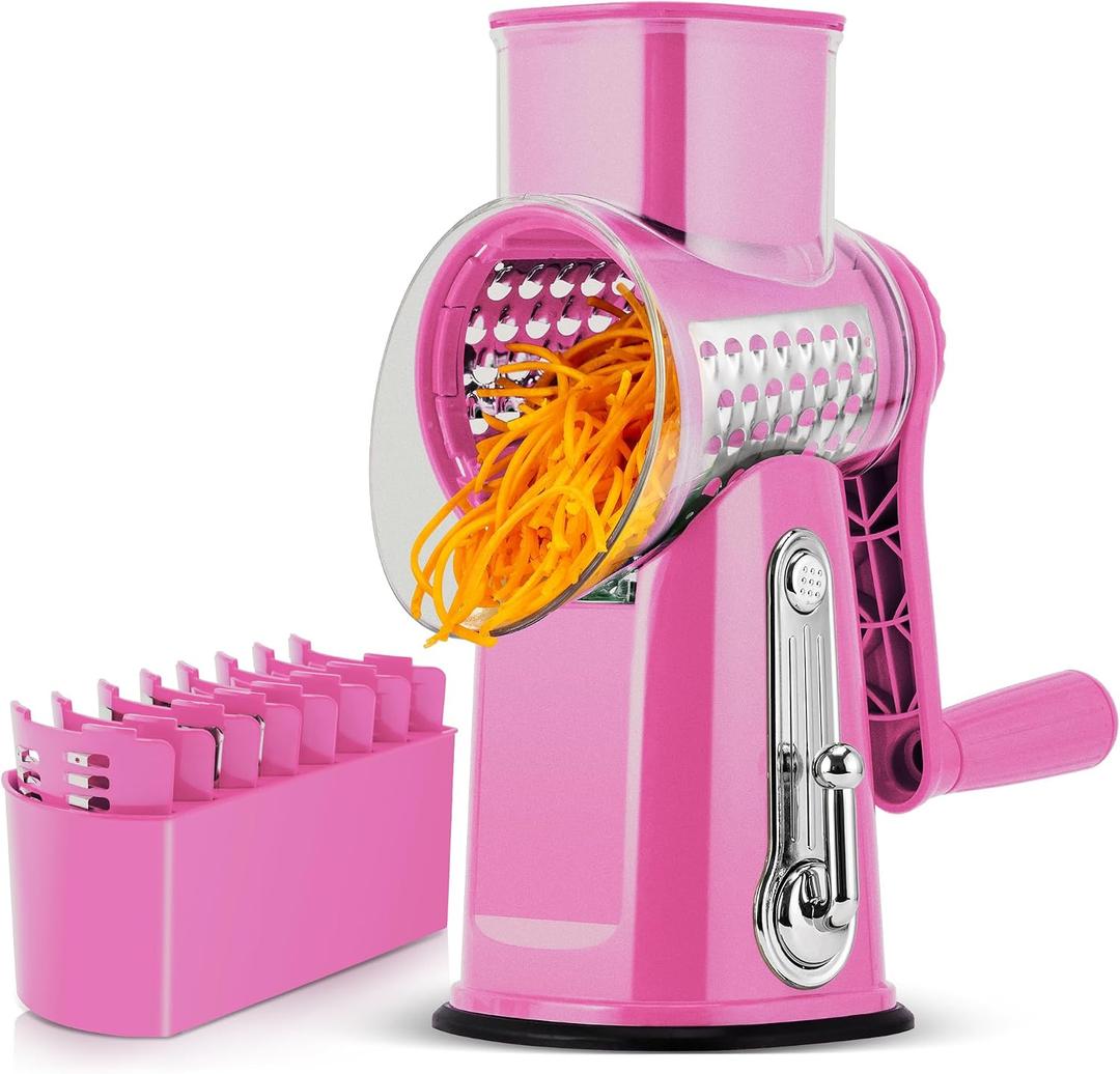 SUSTEAS Rotary Cheese Grater with Handle - Vegetable Shredder with 5 Well-designed Blades & Strong Suction Base, Round Mandoline Slicer & Food Chopper for Kitchen, with Blade Storage Box (Pink)