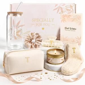 T Personalized Gifts for Women - Initial Cute Hair Clips + Glass Cups w/Lids Straws, Makeup Bag Monogrammed Gifts for WomenUnique Ideas Birthday Gift for Her, Christmas & Bridesmaid Gifts