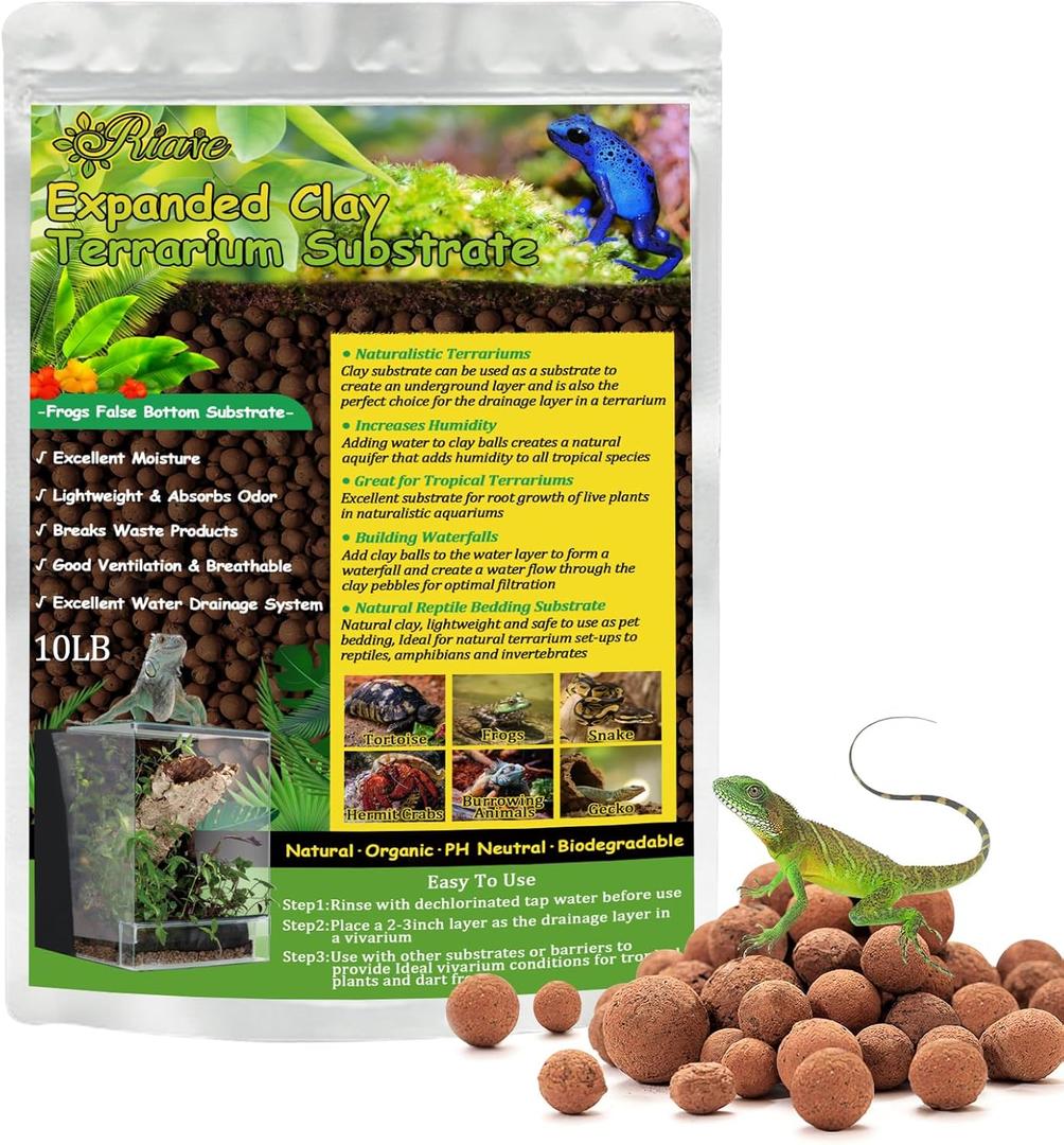 Riare 10LBS Expanded Clay Balls Terrarium Substrate for Reptiles - 100% Organic Lightweight Clay Pebbles Substrate Frogs False Bottom Substrate, Bioactive Terrarium Substrate for Drainage and Moisture