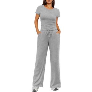 Ekouaer Women's 2 Piece Lounge Sets Ruched Short Sleeve Top and Wide Leg Pants Loungewear Tracksuit Sets with Pockets (Medium)