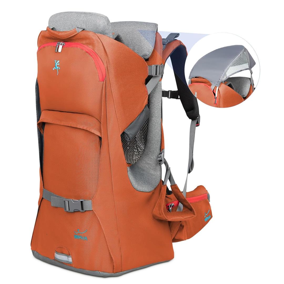 WIPHA Baby Backpack Carrier, Ergonomic Child Carrier Hiking with Sun Canopy, Safe Toddler Hiking Backpack Carrier with Large Storage Space&Insulated Pocket, Adjustable Padded Child Seat (Orange)
