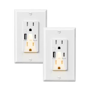 DEWENWILS USB Outlet with LED Night Light, 5V 4.8A Tamper-Resistant Wall Outlets with USB-A & USB-C Ports, Wall Plate for Kitchen, Bathroom, Office, White, 2 Pack