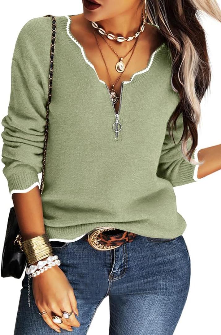 Hongqizo Women's V Neck Long Sleeve Sweater Half Zipper Knit Sweater Casual Cricket Stripe Jumper Pullover Knit Tops (X-Large, Light Green)