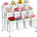 Flower Display Stand with 12 Buckets, Flower Cart 3 Layers White Metal Flower Bar Stand with Wheels, Moving Florist Bouquet Shelf for Weddings Florist Indoor Outdoor Patio Garden Living Room