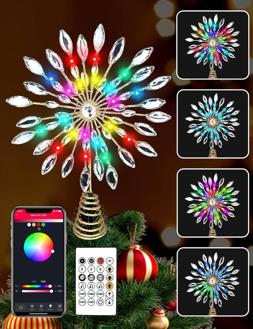 Christmas Tree Topper Star, 12.2 Inches 20LEDs Diamond Christmas Tree Topper Lighted with Remote & APP, USB Powered Multicolour Lighted Treetop Decorate to Christmas Trees for Holiday, Party, Indoor