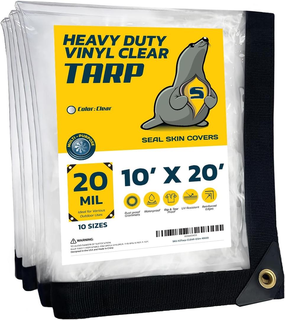 Seal Skin Covers Waterproof Clear Tarp 10x20 FT, 20 Mil 18 OZ 560 GSM Heavy Duty Transparent Vinyl Tarpaulin with Grommets