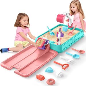 Sandbox with Lid, Toddler Dirt Diggers Construction Sand Box with Dump Truck,Excavator,Crane,8PCS Beach Toys Indoor Outdoor Play Sand Activity Sensory Set Ideal Summer Gifts for Boy Girl Ages 3+