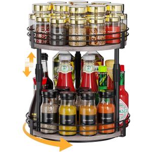 Lazy-Susan-Organizer-Spice-Rack, 2-Tier Rotating Spice Organizer For Kitchen-Cabinet-Countertop-Pantry, Turntable Seasoning Holder Storage Shelf With Adjustable Height (Grey)