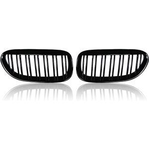 AMOPA CORP Left and Right Front Kidney Sport Double Line Grille Grill Compatible with 2004-2010 BMW E63 E64 650i 650Ci 645Ci M6 2DR (Glossy Black)