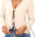 Womens Satin Blouses Going Out Tie Front Tops Sexy Deep V Neck Collared Long Sleeve Shirts (Small, Beige)