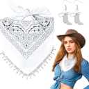 Fringe Rhinestone Bandana with Rhinestone Cowgirl Boots Earrings, Disco Bachelorette Tassel Kerchief (White)