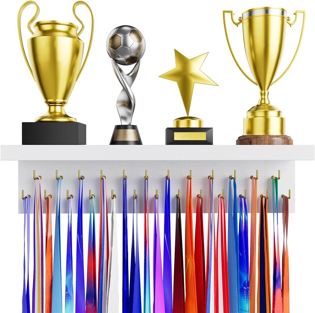 Medal Holder Display Trophy Shelf Organizer, Sturdy Wooden Race Award Hanger Rack with 25 Steel Hooks, Wall Mount Storage Stand for Sports Fans, Cheer Success (Pure White)