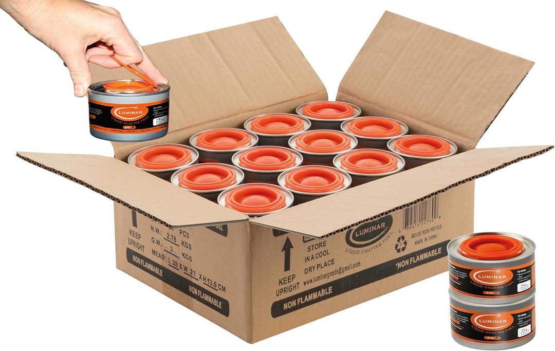 Luminar Resealable-Wick Chafing Fuel Cans, 24 Pack, 2 Hour - Premium Quality Burners for Food Warmers - No More Spills, Waste, or Hassle - Perfect for Convenient, and Long-Lasting Event Catering
