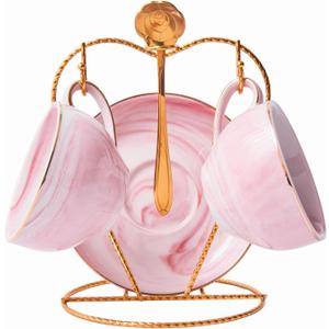 Ceramic Espresso Cups Set with Saucers and Metal Stand, 4 oz Porcelain Stackable Cappuccino Cups Teacup For Tea, Espresso, Latte, Coffee, Cafe Mocha (Pink (7)