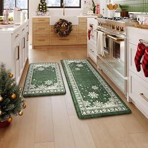 KIMODE Christmas Kitchen Rugs Sets of 2, Farmhouse Snow Kitchen Mats for Floor Anti Fatigue, Cushioned Kitchen Floor Mats, Comfort Standing Mat for Sink Laundry Office Desk Green 17"x47"+17"x29"