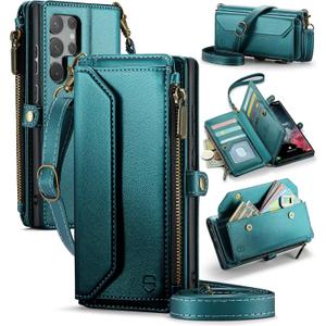 Crossbody Wallet Case Compatible with Samsung Galaxy S22 Ultra 5G RFID Blocking 10-Card Holder Soft PU Leather Magnetic Snap Strap Zipper Pocket Phone Case Fit for Galaxy S22 Ultra,Bluegreen