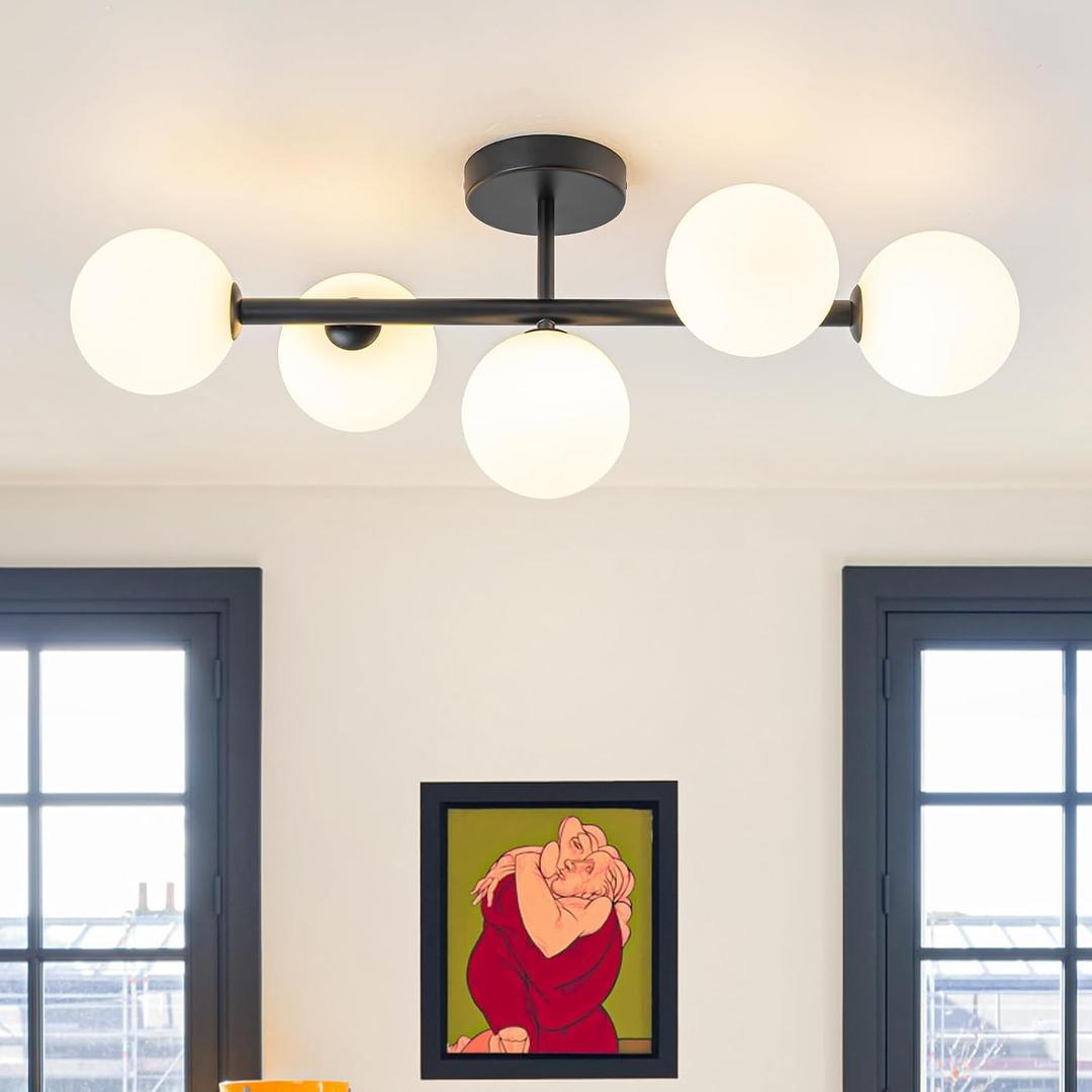 EDISLIVE 5-Light Semi Flush Mount Glass Ceiling Light Frosted Globe, 26.4 in Modern Sputnik Light Fixture Chandeliers with Milk Glass Shade Black Finished