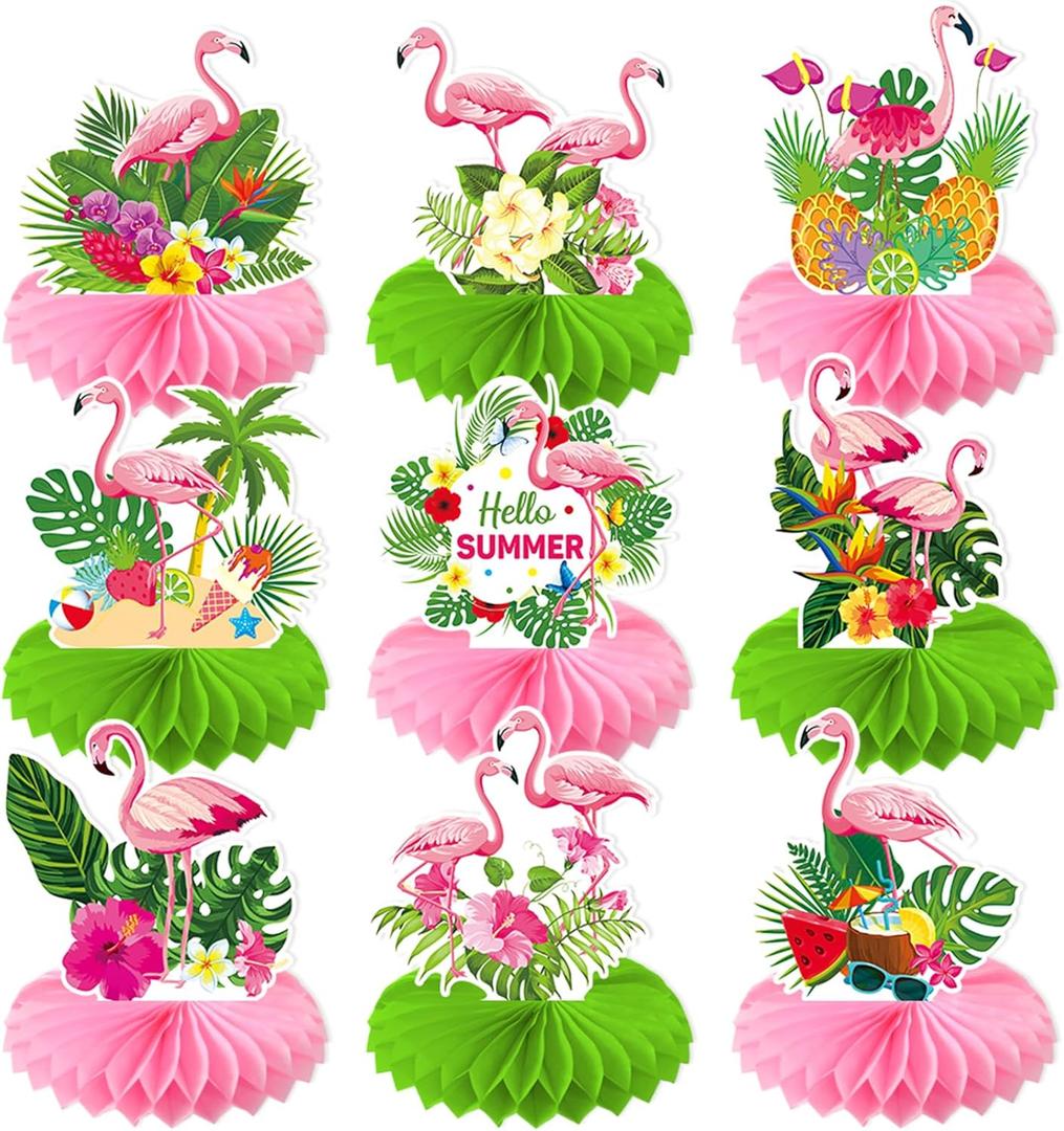 JOJO FLY 9 Pcs Flamingo Centerpieces for Tables Hawaii Luau Honeycomb Centerpieces Flamingo Birthday Decorations Tropical Aloha Party Table Toppers Summer Pool Beach Party Supplies