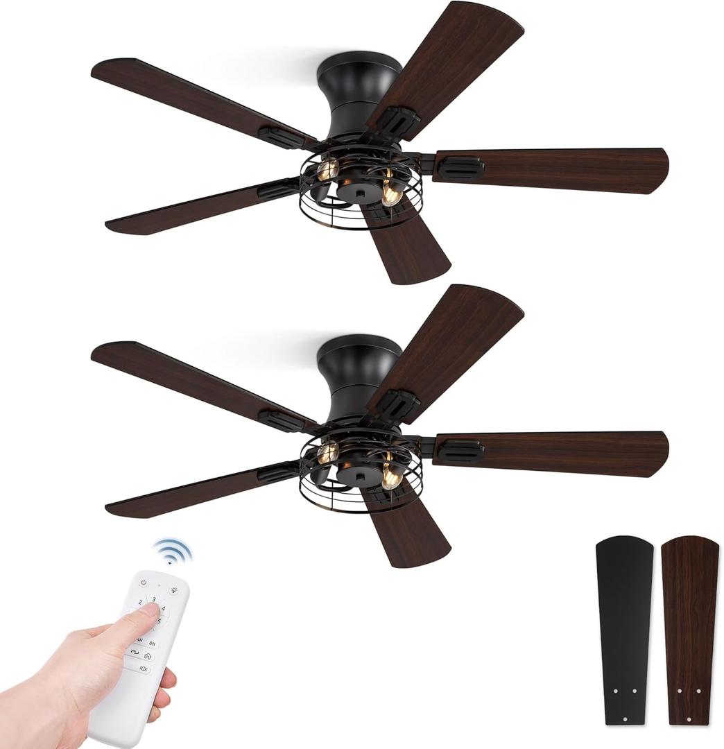 2 Pack Flush Mount 42 Inch Farmhouse Ceiling Fan with Light, Caged Ceiling Fans for Bedroom Living Room, Double-Sided 5 Blades Rustic Ceiling Fan-Black