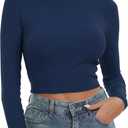 Artfish Women's Round Neck Long Sleeve Knit Ribbed Fitted Crop Top Casual Basic Shirts (Medium, Navy Blue)