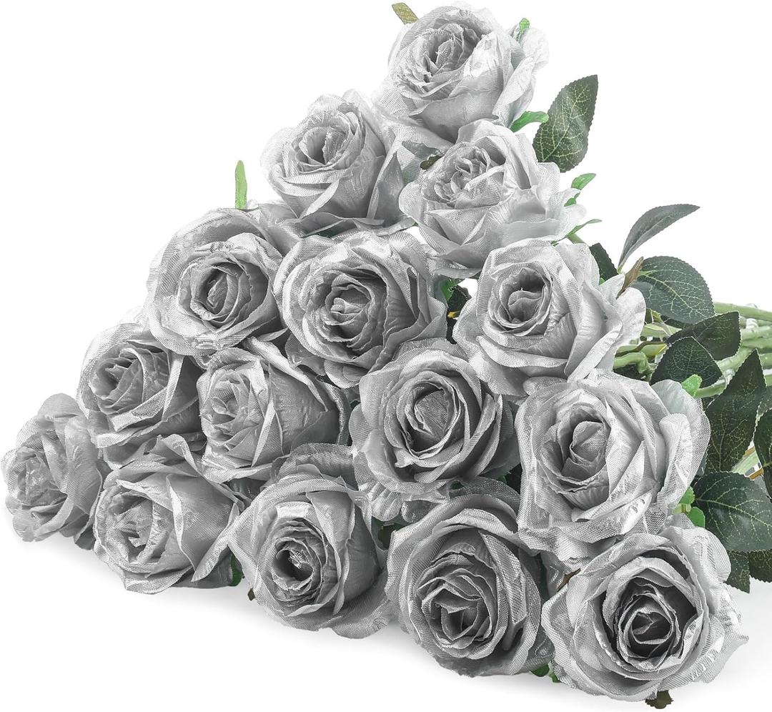 Hotop 20 Pcs Artificial Rose Flowers with Long Stem,Real Touch Silk Realistic Plastic Bouquet Roses Bulk for Home Decor Bridal Wedding Party Table Centerpieces Decorations (Silver)