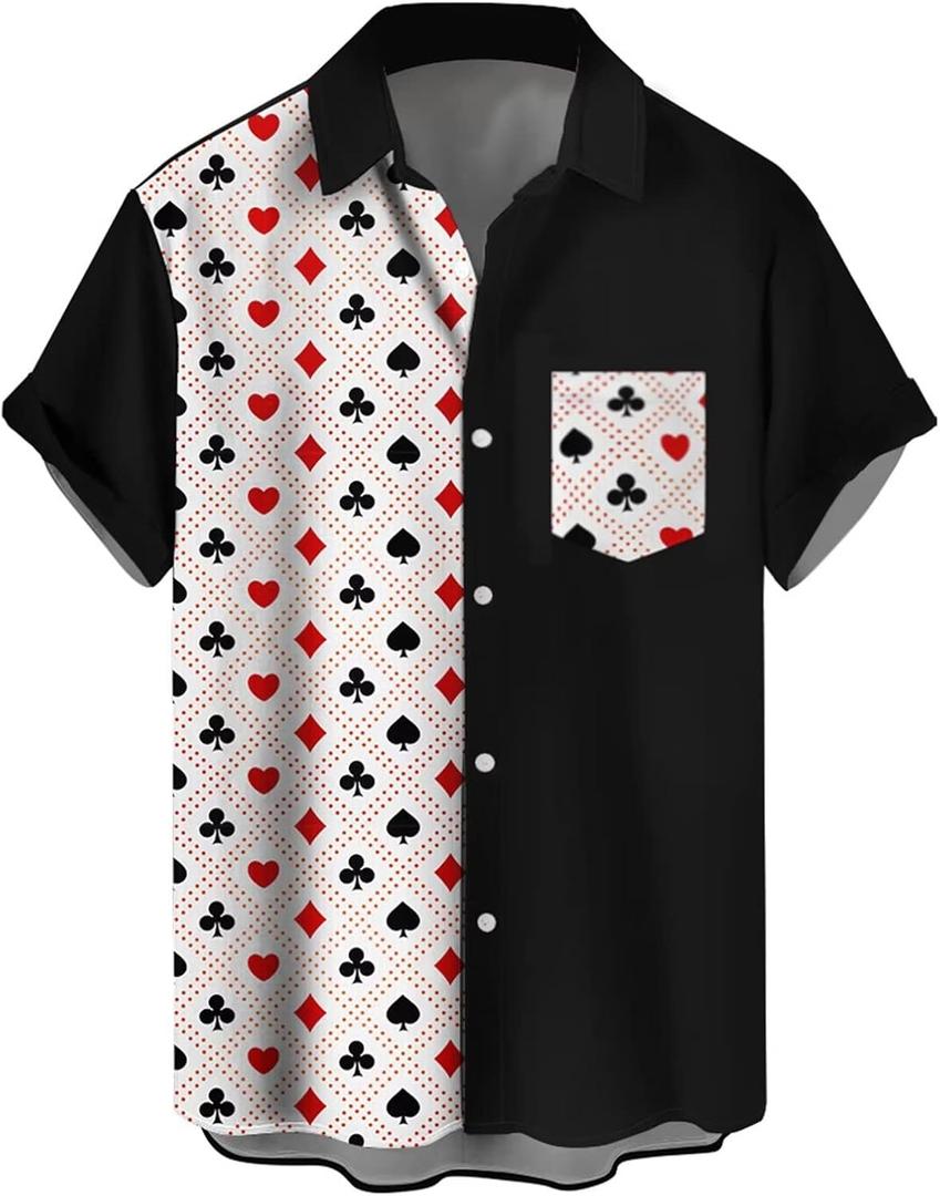 WHO IN SHOP Men's Hawaiian Shirt All Patterns Print Short Sleeve Button Down Shirts (XX-Large, Poker-black White Red)