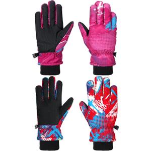 Honoson 2 Pairs Kids Snow Gloves Winter Waterproof Kids Ski Gloves Youth for Girls Boys Outdoor Toddler Snowboard Warm Clothe (6-13 Years, Bright Pattern)