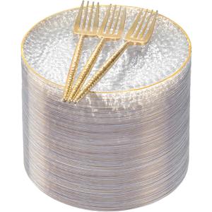 Rubtlamp 200 Pcs Clear Gold Dessert Plates 7" with Forks 7.6",Clear Plastic Hammered Platos, Dessert Plates Disposable, Heavy Duty Party Platos Include 100platos and 100forks for Party&Birthday