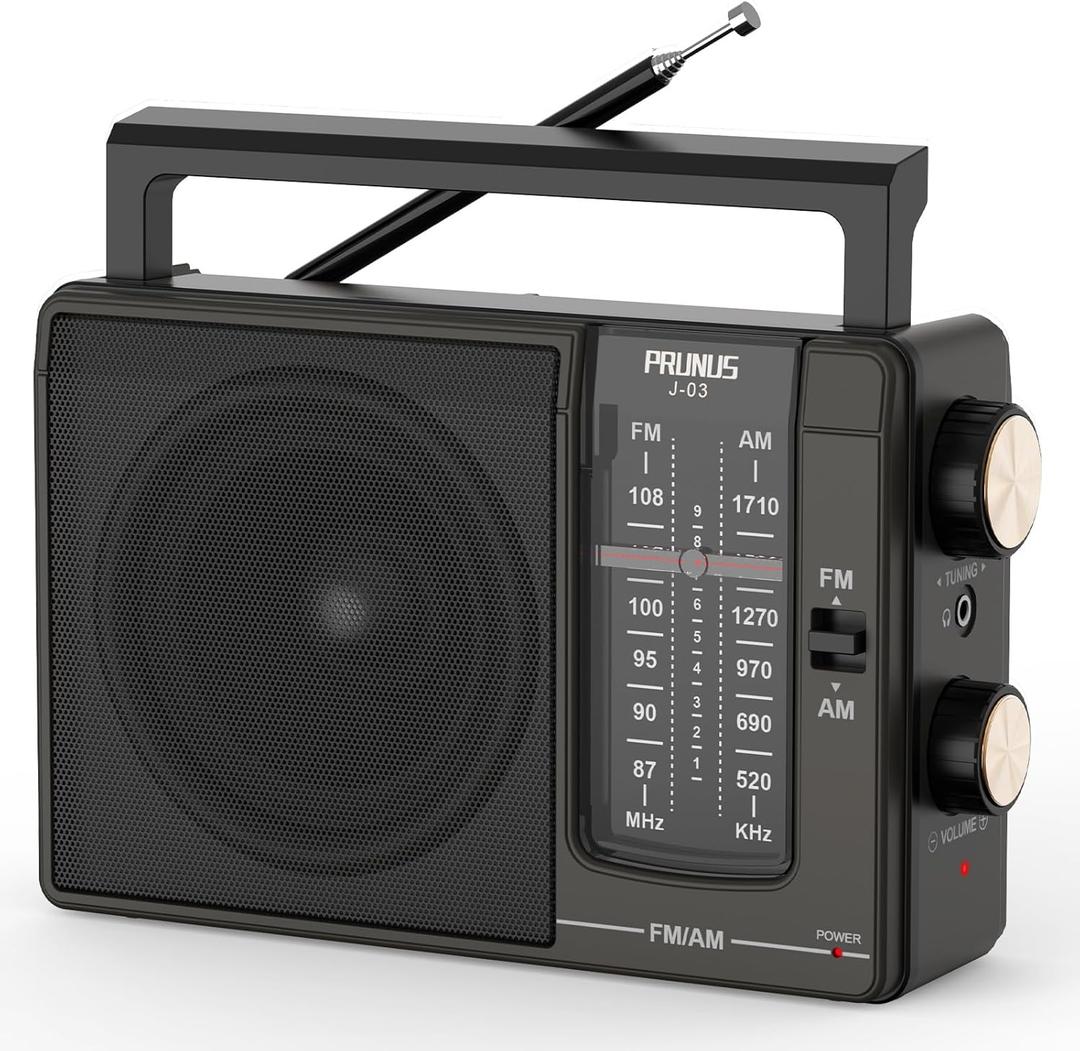 PRUNUS J03 AM FM Radio Portable Plug in Wall or AA Battery Operated for Home/Outdoor, Large Speaker Excellent Sound, Excellent Reception 19.5 ant, Large Tuning Knobs, Gifts for Seniors (Model AA Battery and AC Plug Black)