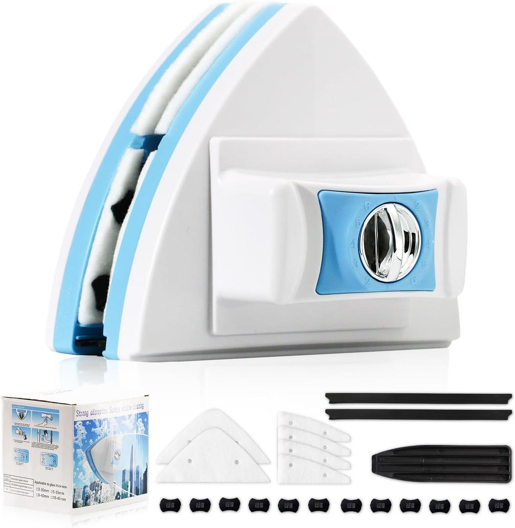 Double-Sided Magnetic Window Cleaner - Adjustable Magnetic Equipment Cleaning Brush ToolFits 3 - 30 mm Glass Thickness, 2.5m Safety Rope for High-Rise & Auto Glass, Safe Anti-Pinch Wiper (Blue)