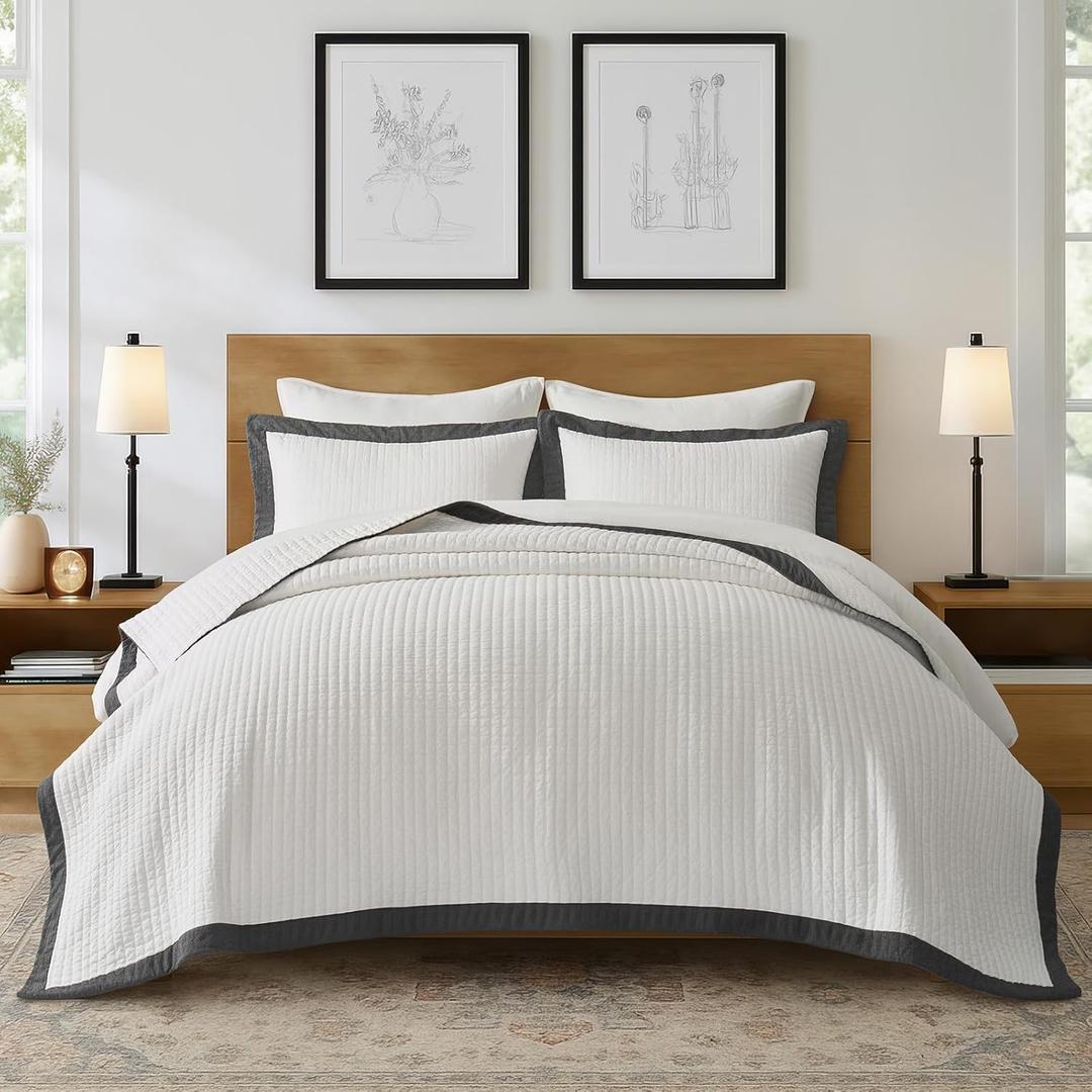 EVERGRACE Cotton Border Frame Tack-Stitch Quilt Bedding Set King Size, Coastal Oversized 3 Pieces Lightweight Bedspread Coverlet for All Season, with 2 Matching Shams, Washed Black (KING/CAL KING (108" x 96"))