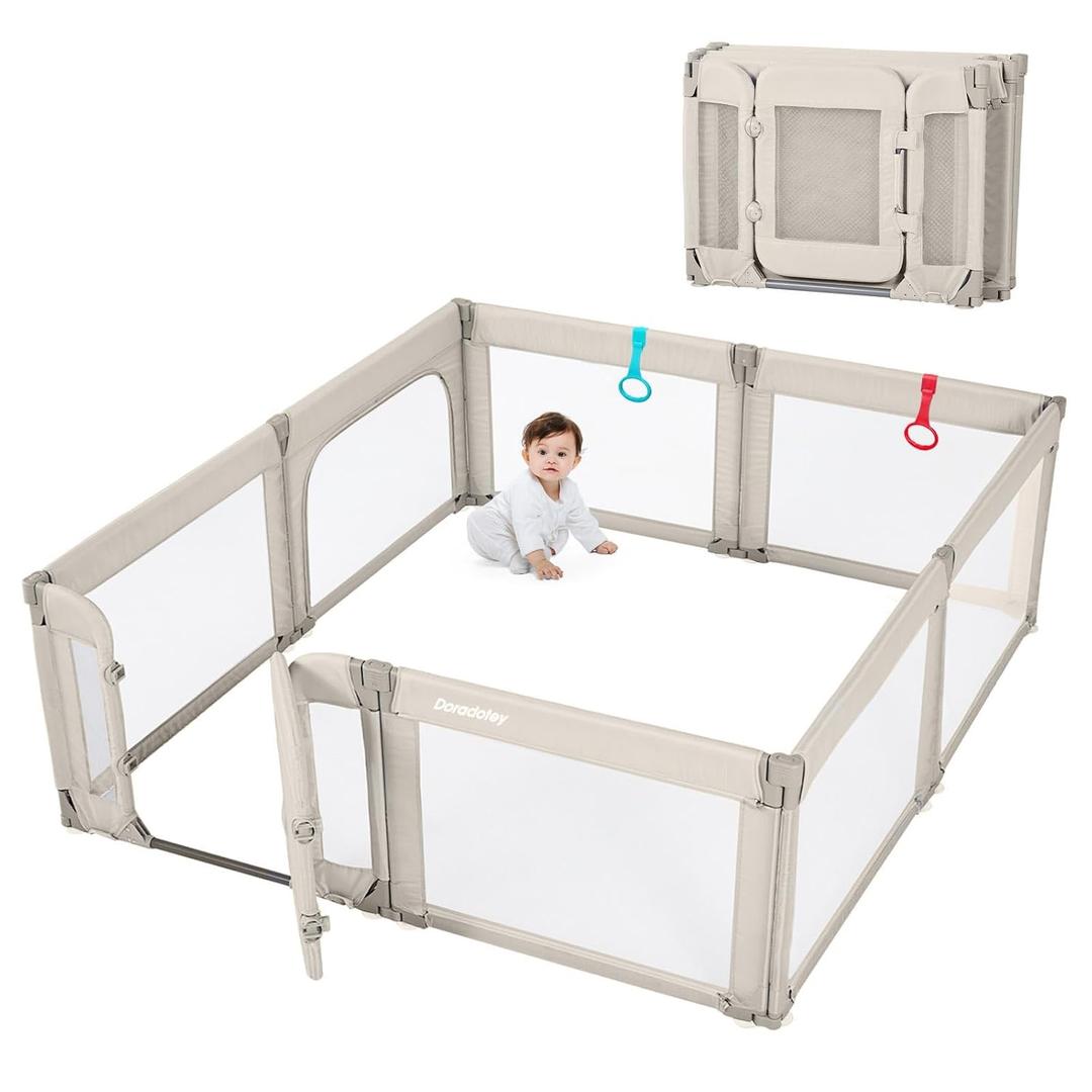 Baby Playpen with Door, Foldable Adjustable Play Pen for Babies and Toddlers,Heavy-Duty Play Yard Fence Play Area, Large Toddler Playpen,Khaki, 79x71x27 in
