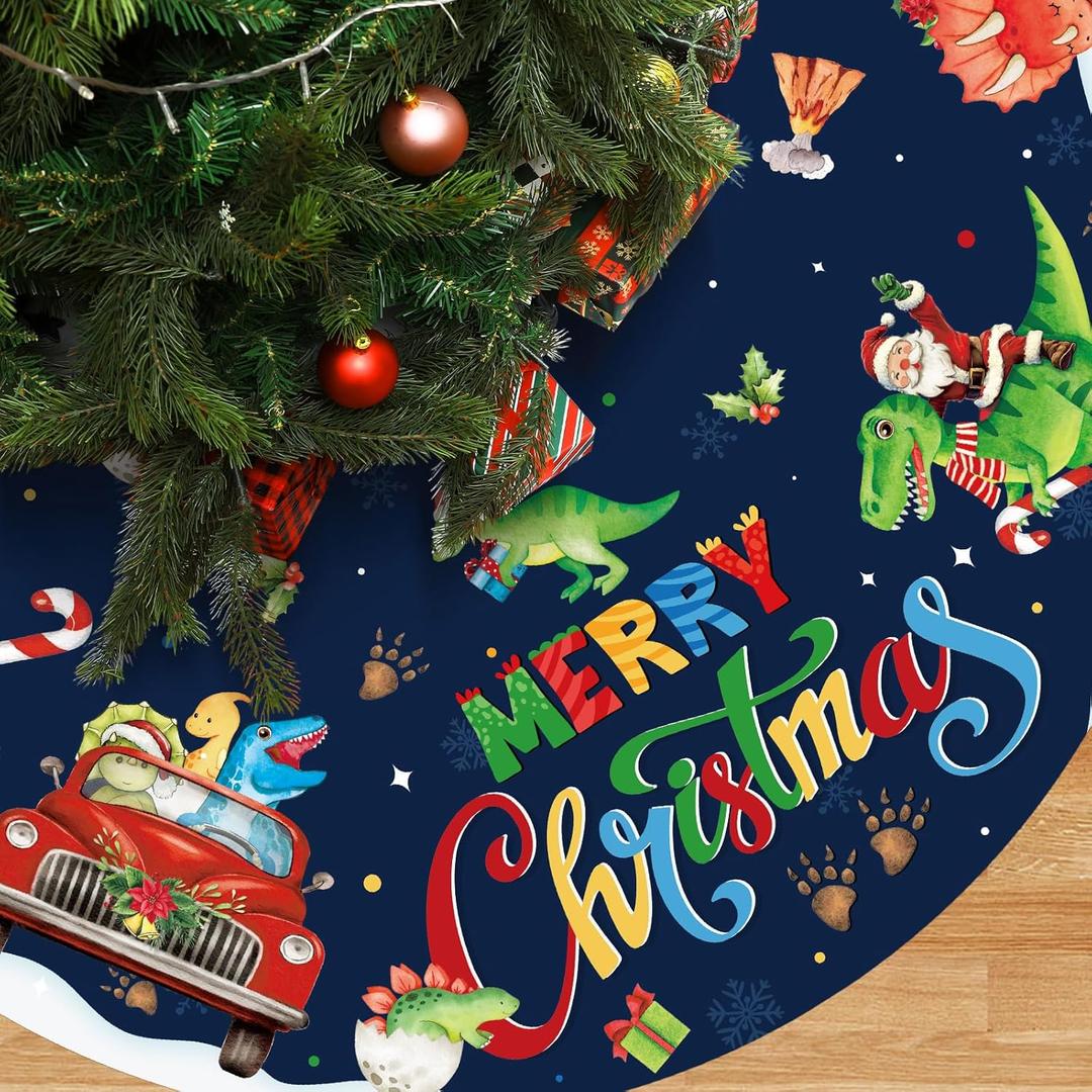 Blosssound Christmas Tree Skirt 36" Cute Dinosaurs Theme Christmas Tree Skirt Xmas Blue Santa Round Tree Mat Christmas Tree Ornaments Decor for Xmas Holiday Birthday Baby Shower Winter Party Supplies