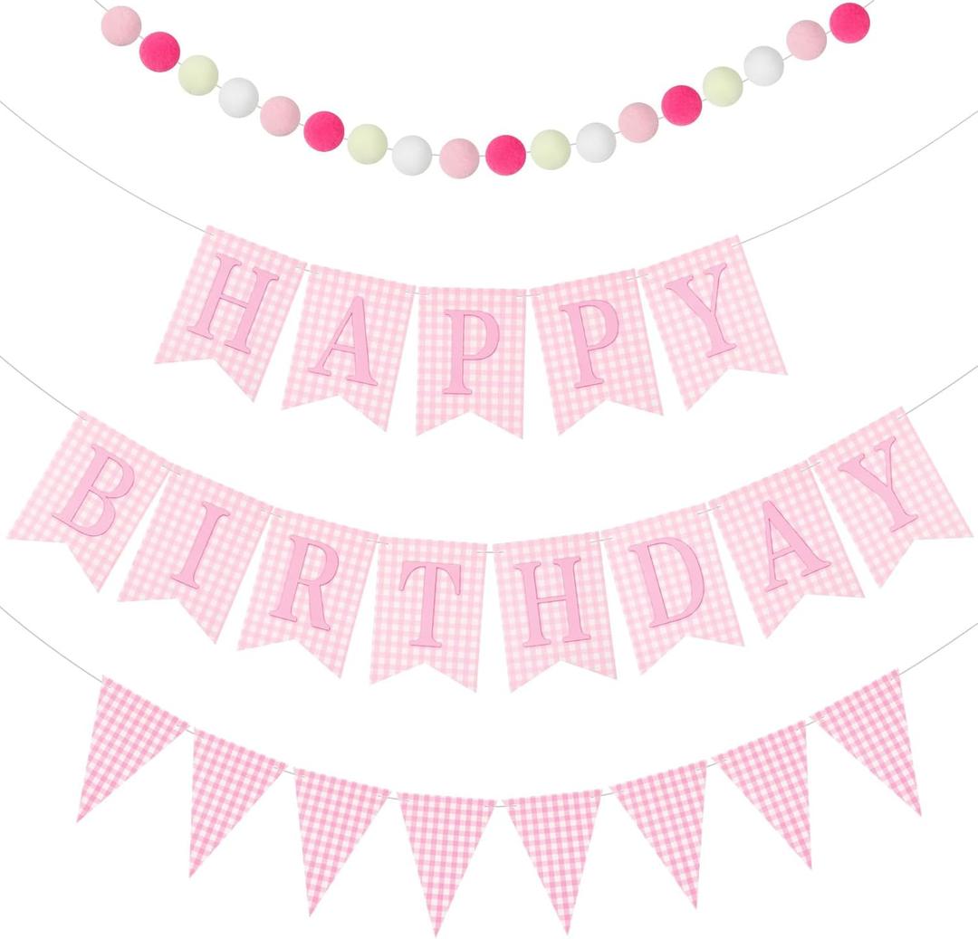 Set of 4 Pink Gingham Happy Birthday Banner Plaid Checkered Pennant Banner Decorations Felt Ball Happy 1st Birthday Garland for Gingham Party Supplies