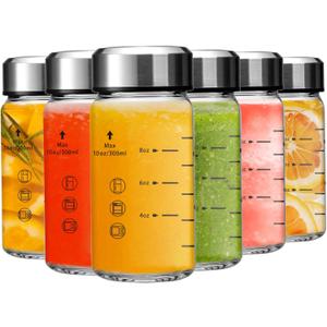 10oz Juice Bottles - 6 Pack Wide Mouth Glass Bottles with Lids- BPA Free, Stainless Steel Lids for Juicing, Smoothies, Infused Water, Beverage Storage - Leakproof, Borosilicate, Clear