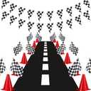 Skylety Traffic Cones and Racing Checkered Flags Set-include 12 Plastic Traffic Cones,12 Flags with Sticks,31 ft Checkered Pennant Banner and 9.8 x 2 ft Racetrack Floor Running Mat