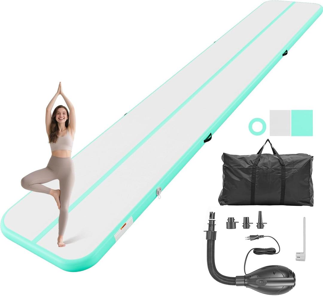 VEVOR Inflatable Gymnastics Air Mat Tumble Track with Pump for Training, 10/13/16.4/20ft Sizes, 4/8 In Thick PVC Air Tumbling Mat for Home/Yoga/Gym, Light Green, 20'Lx3.3'W (6×1×0.1m)