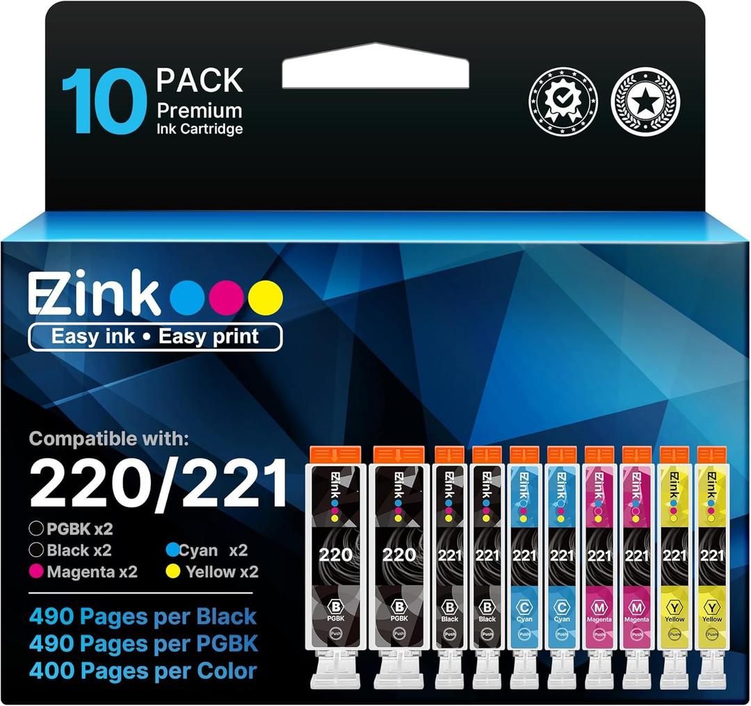 E-Z Ink Compatible Ink Cartridge Replacement for Canon PGI-220 PGI220 CLI-221 CLI221 to use with PIXMA MX860 MX870 MP620 MP560 (2 Large Black, 2 Cyan, 2 Magenta, 2 Yellow, 2 Small Black) 10 Pack