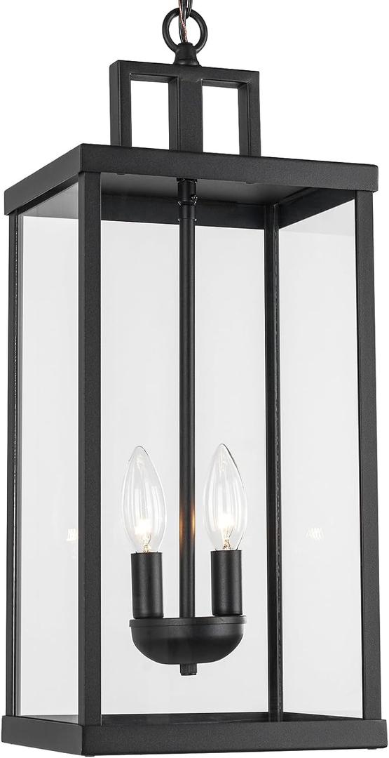 21'' Outdoor Pendant Lantern, 2-Light Modern Black Exterior Chandelier with Clear Glass, Hanging Porch Light for Patio, Yard, Foyer