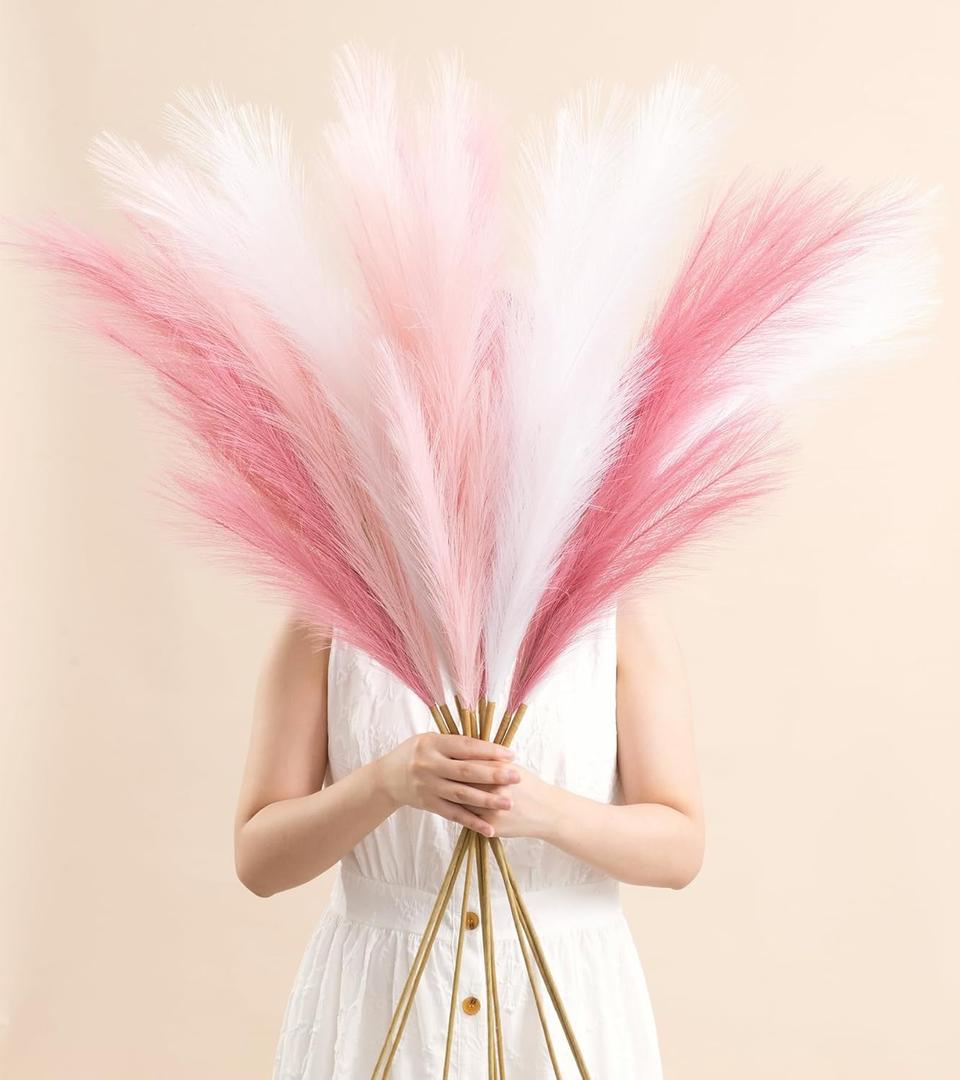 9 Pcs 45" Pampas Grass Tall Pink White Decor Faux Dried Fluffy Fake Long Light Pink Pompas Artificial Pompous Stems Bouquet Flower Vase Filler Home Wedding Room Wall Decoration