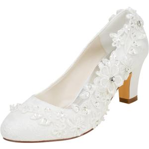 Emily Bridal Wedding Shoes Women's Silk Like Satin Chunky Heel Pumps with Stitching Lace Flower Crystal Pearl (5, Ivory)